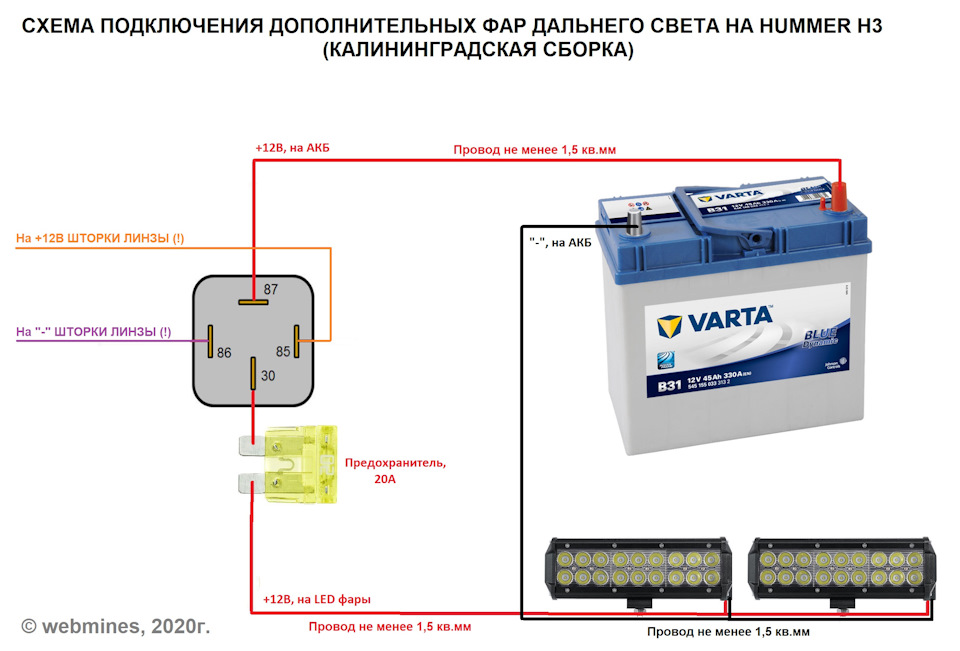 Схема подключения дополнительных фар дальнего света