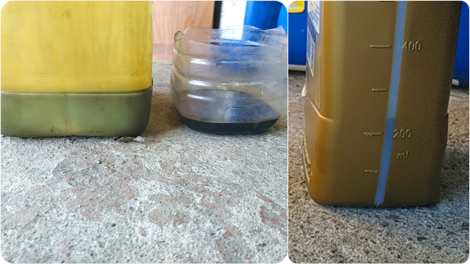 Слитое старое масло и то что слилось через ось (тара от 5л бутылки, в последствии перелито в канистру). — Skoda Octavia A7 Mk3