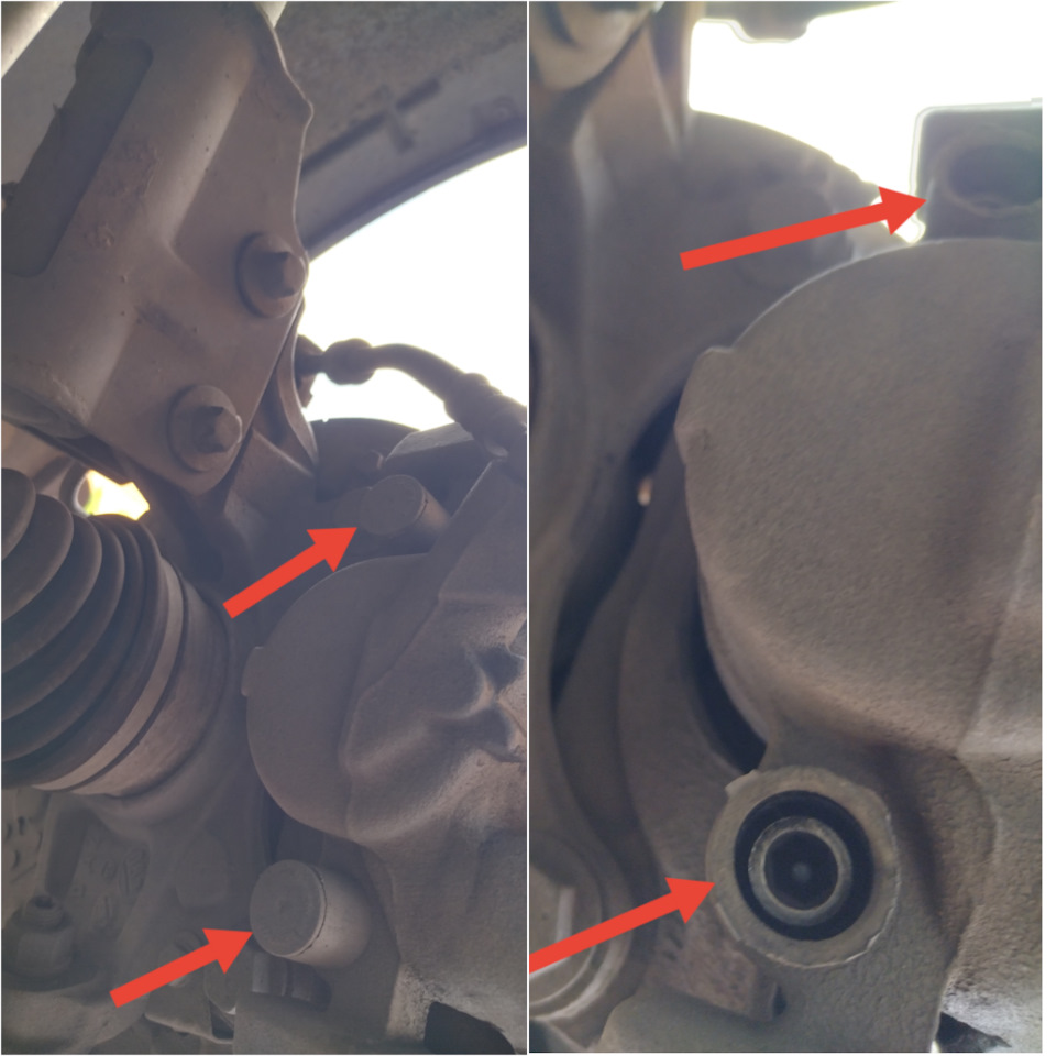 С обратной стороны суппорта, находим 2 заглушки и снимаем их, там у нас направляющие под ТОРКС 45 (или ТОРКС 50). Тем самым откручиваем суппорт. — Opel Grandland X