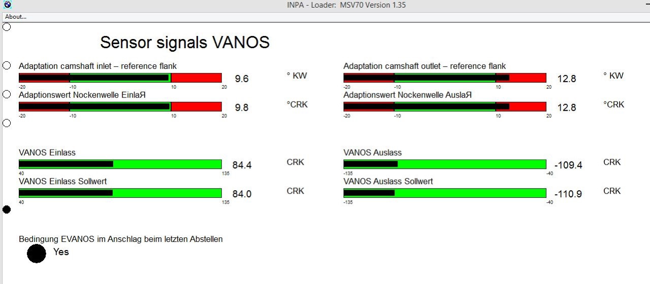 52 что это означает. Vanos n52 схема. Правильные показатели ванос инпа n52b30. Vanos INPA BMW e65. N52b30 показания ванос.