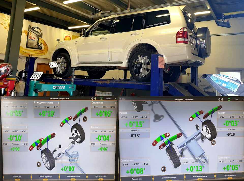 После установки комплекта, сход/развал отрегулировали без проблем, все значения встали в заводские допуски. — Mitsubishi Pajero (3G). Запчасти на фото: Q0020, O0005